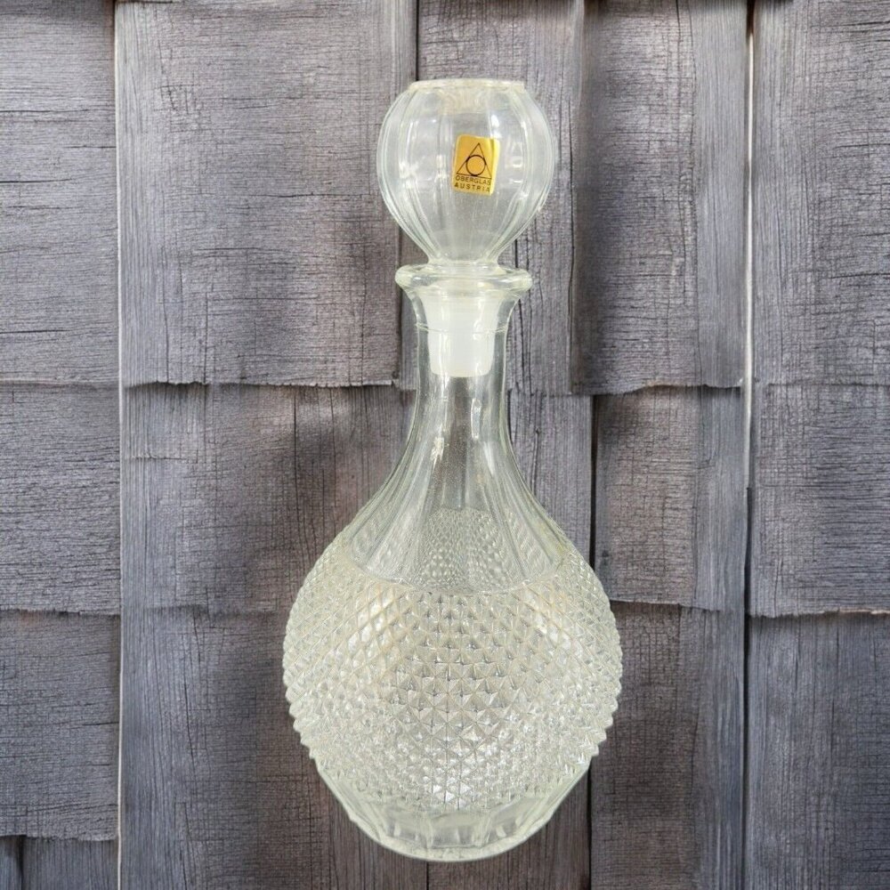 Vintage Oberglas Austria‎ Clear Decanter With Stopper Diamond Point Pattern VTG